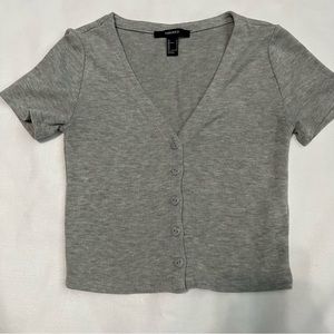 Forever 21 V-Neck Button Up Crop Top Size S Grey